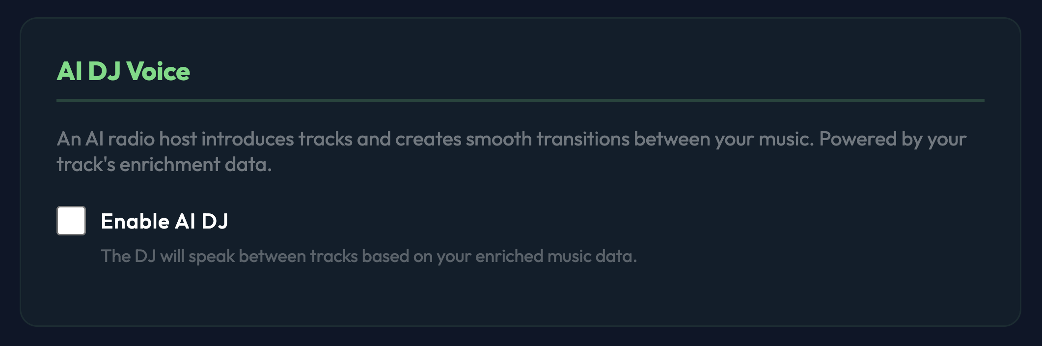 AI DJ Voice settings with enable toggle