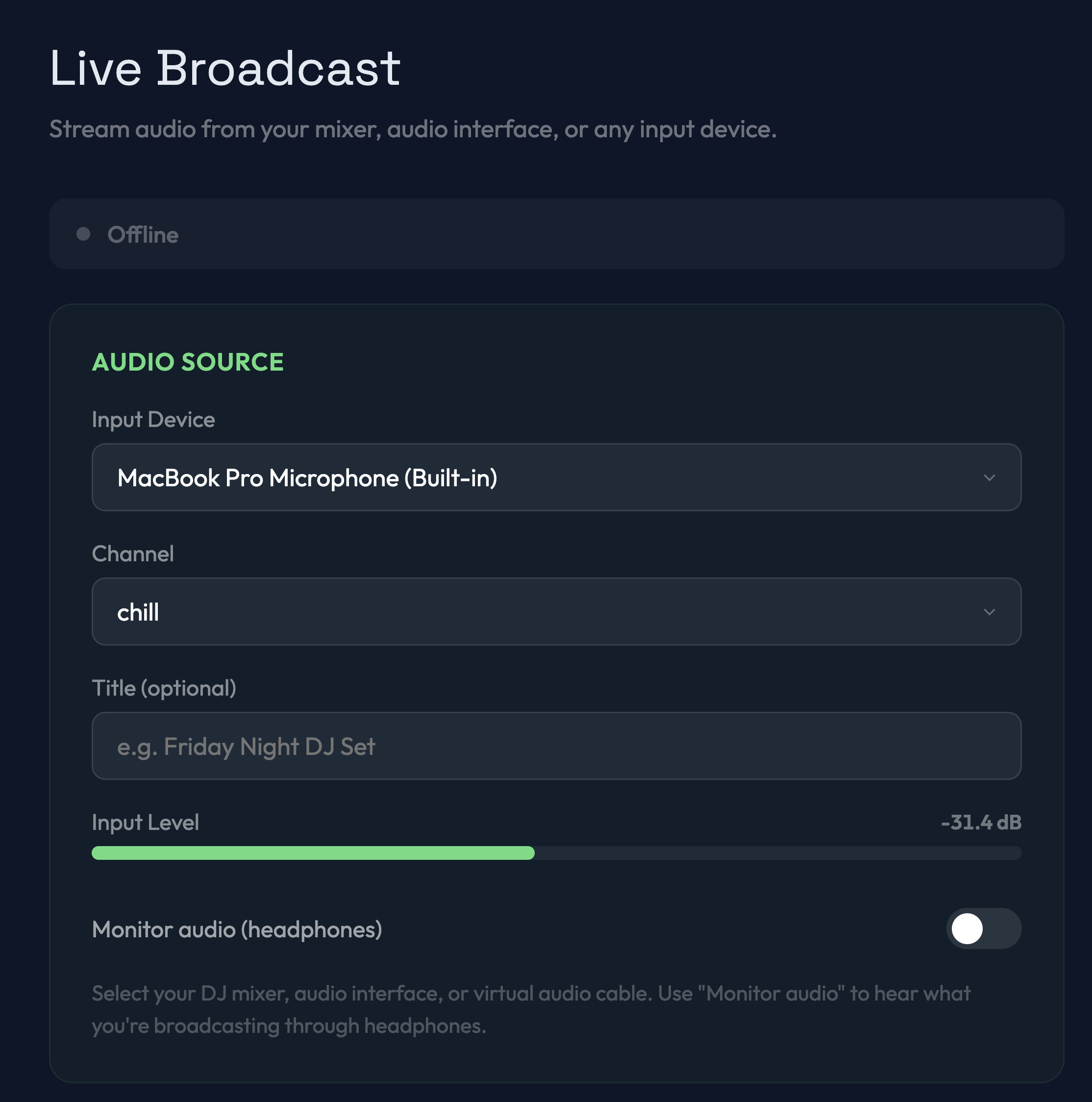 Live broadcast audio source and input level controls