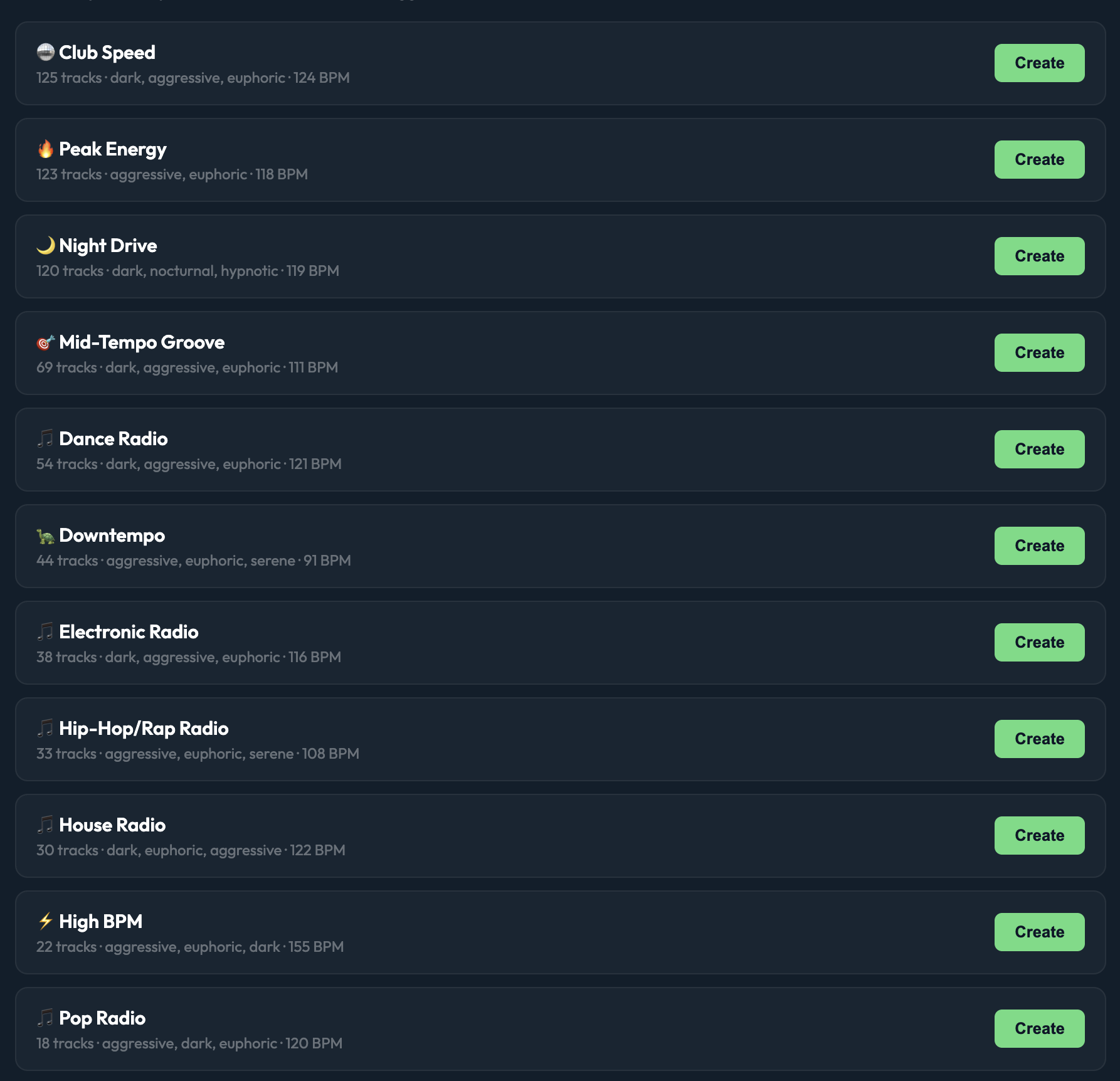 Starter templates: Club Speed, Peak Energy, Night Drive, and more