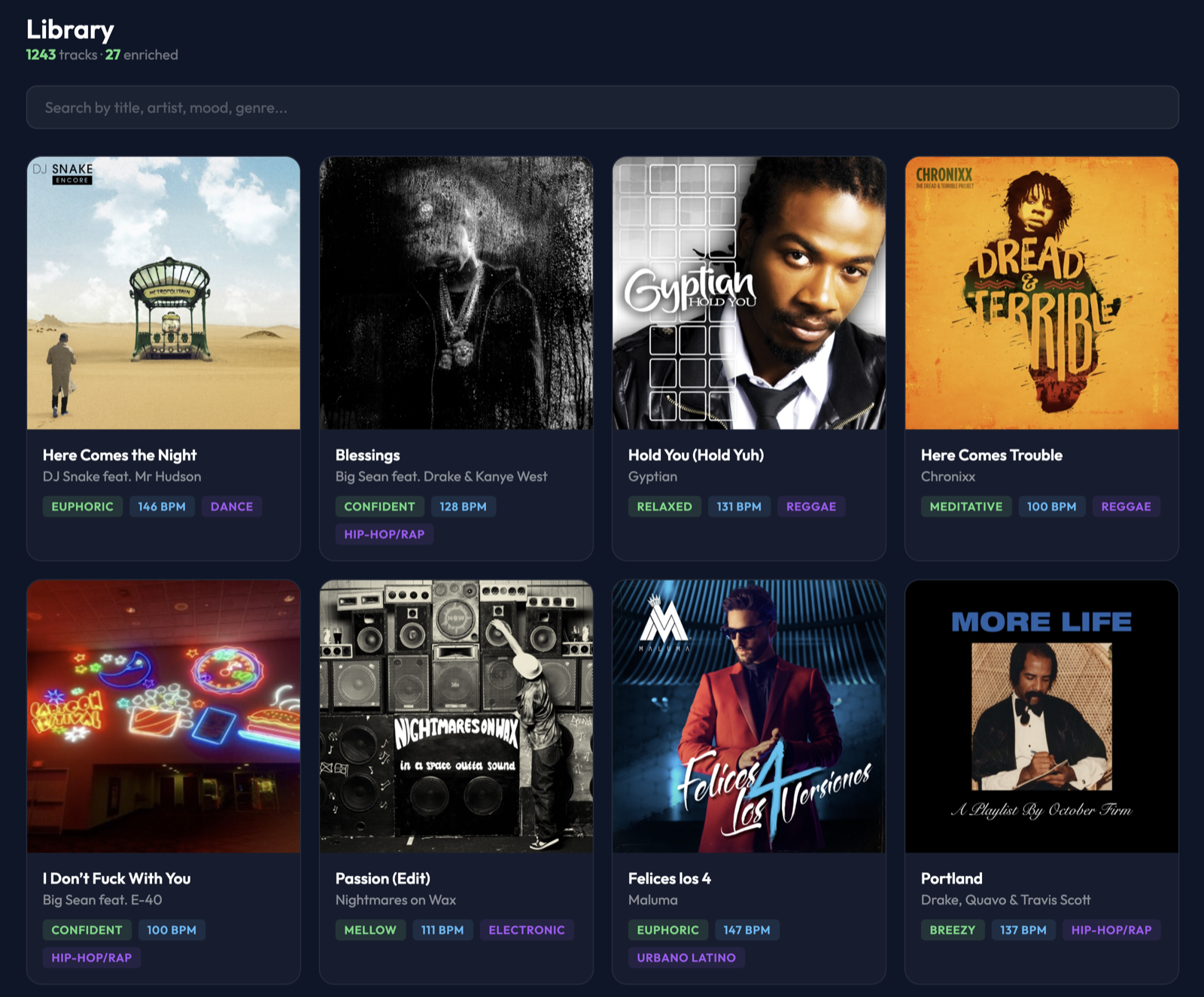 Library grid view with cover art and mood tags per track