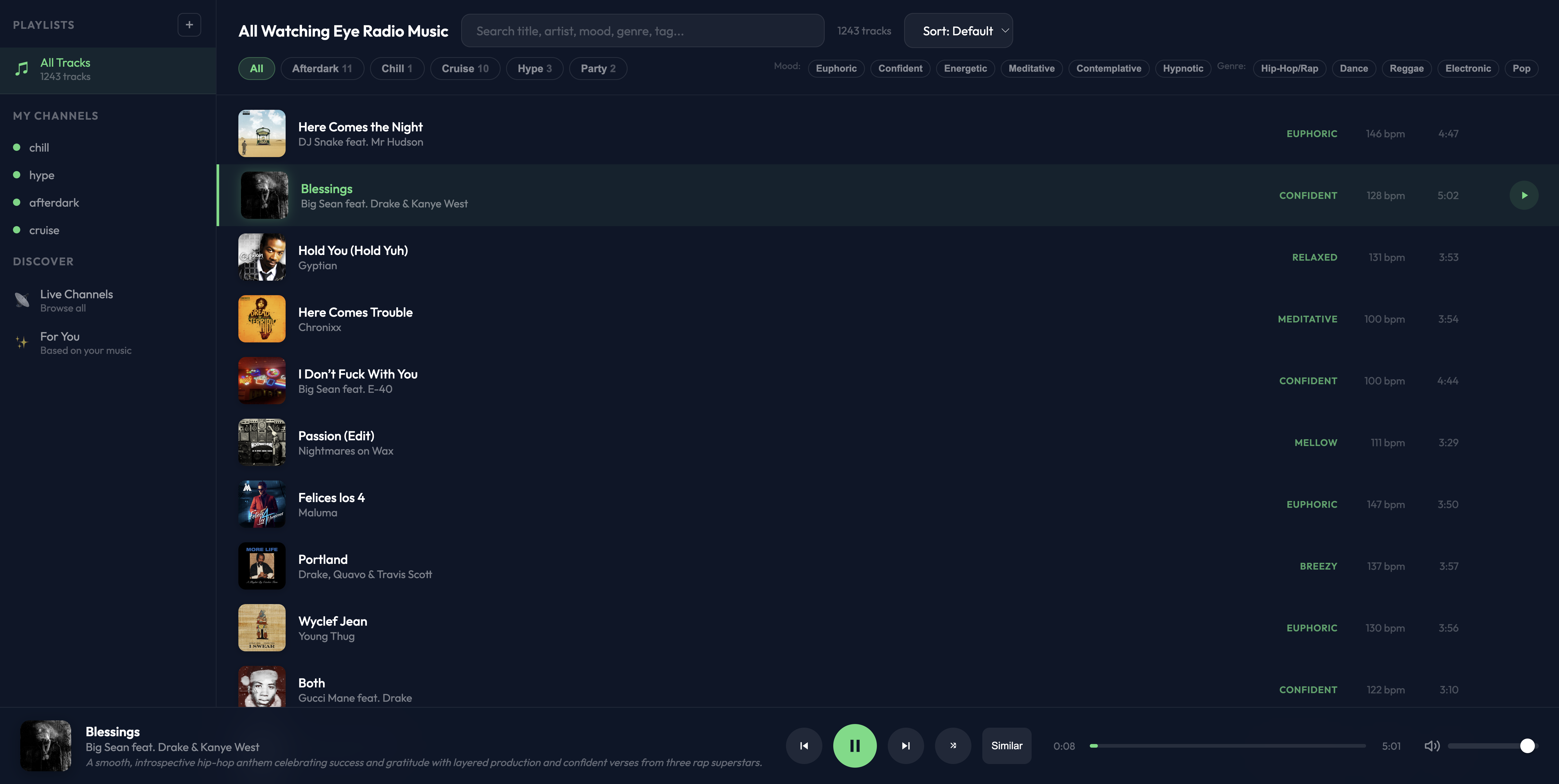 Listener player with sidebar, track grid, and now-playing bar