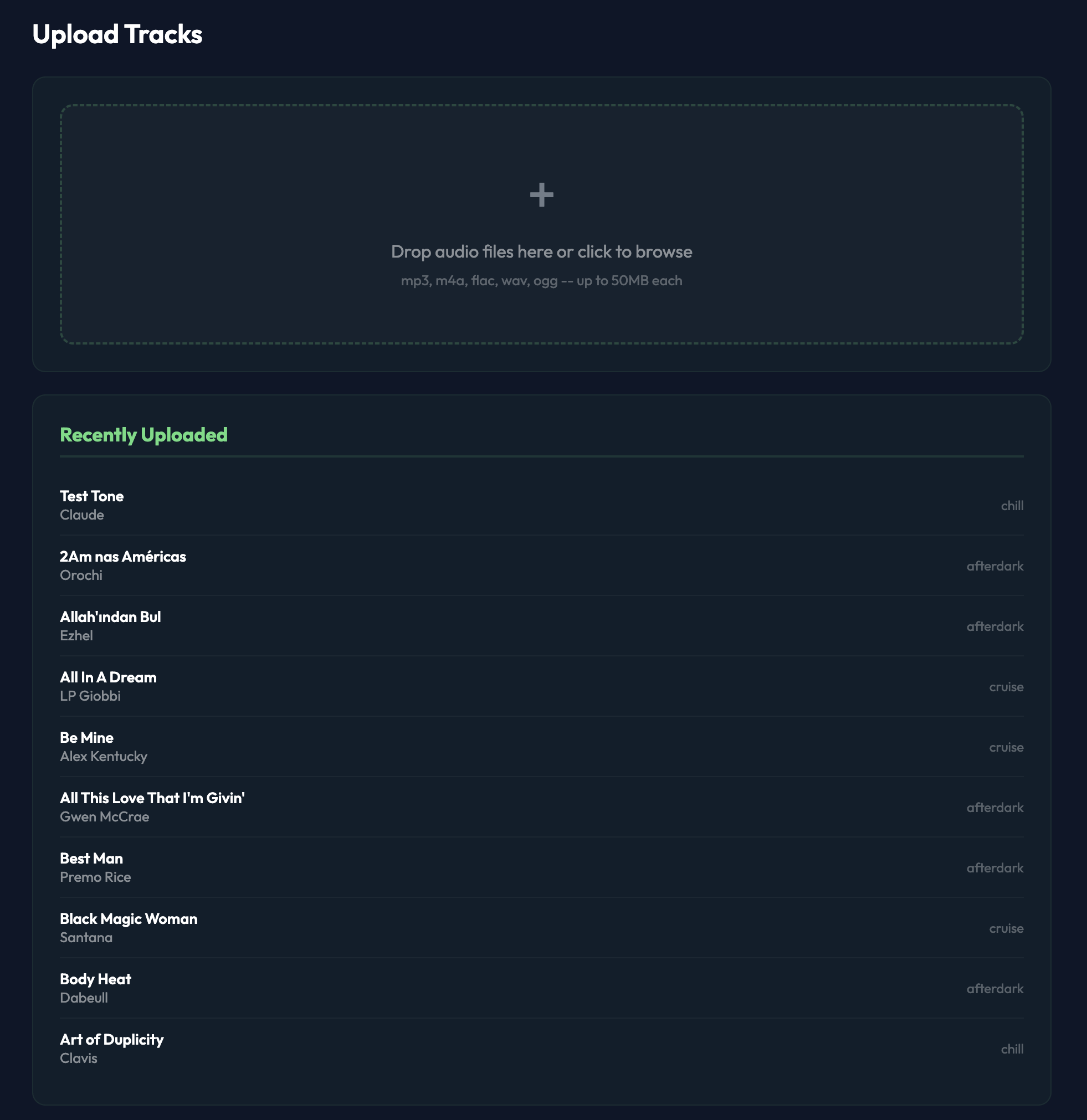 Upload page with drop zone and recent uploads list